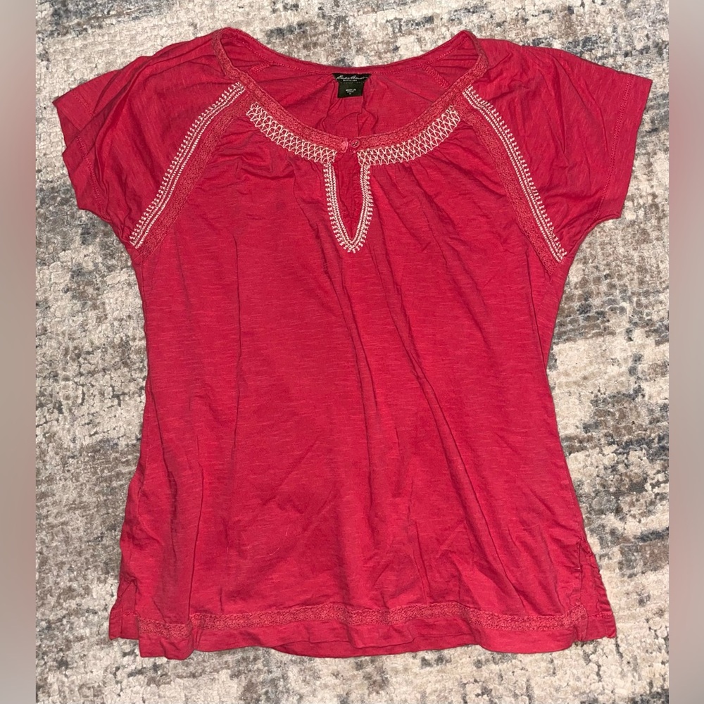 Eddie Bauer Red Blouse with Embroidered Detail